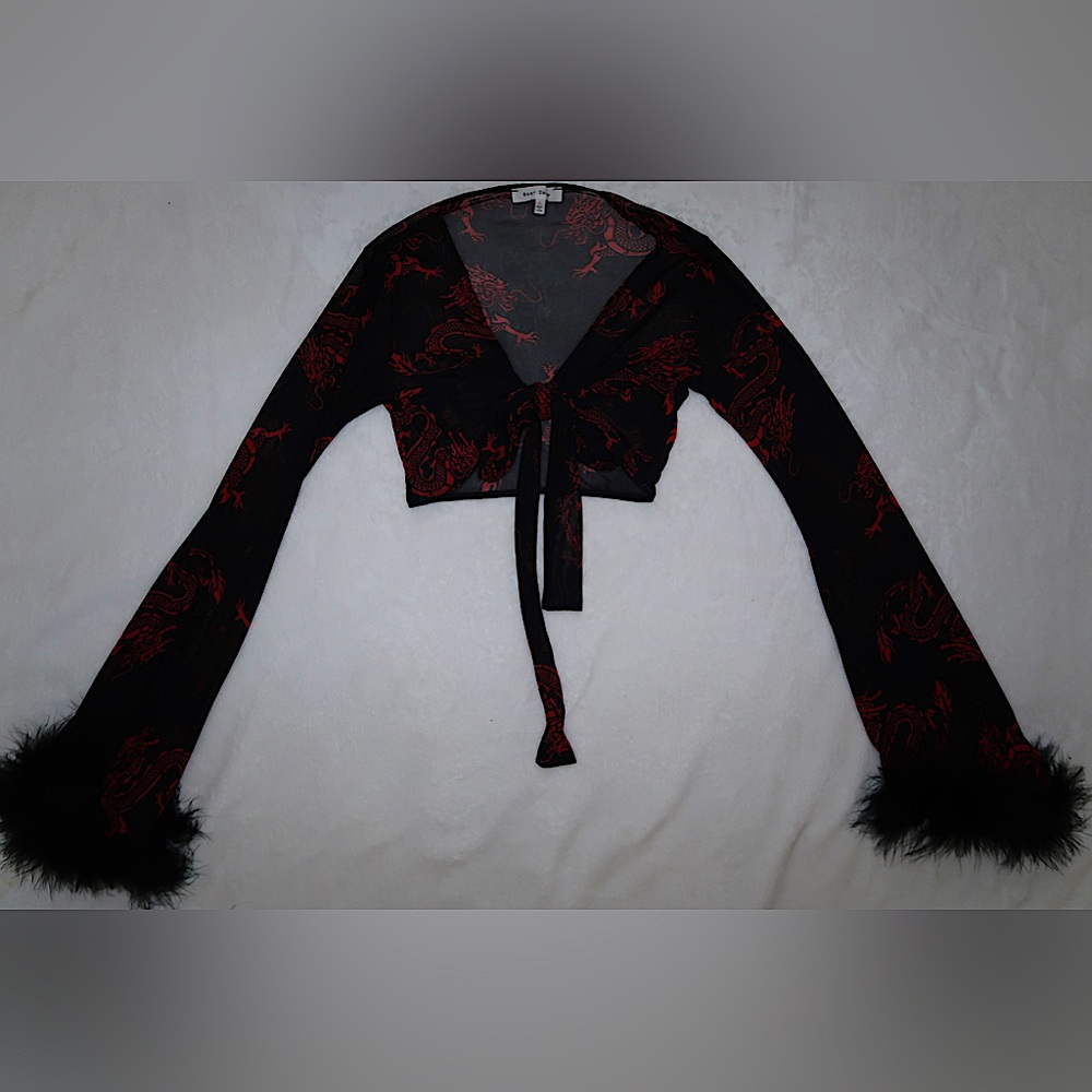Sheer Crop Top with Flare Fuzzy Cuffed Sleeves in size Small